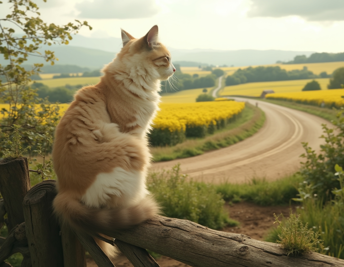 Cat gazes at the quiet beauty of a country road, framed by a weathered wooden gate.